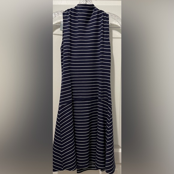 Theory Sleeveless Navy/White Stripe Drop Waist A-line Dress w Front Exposed Zip - Picture 7 of 8